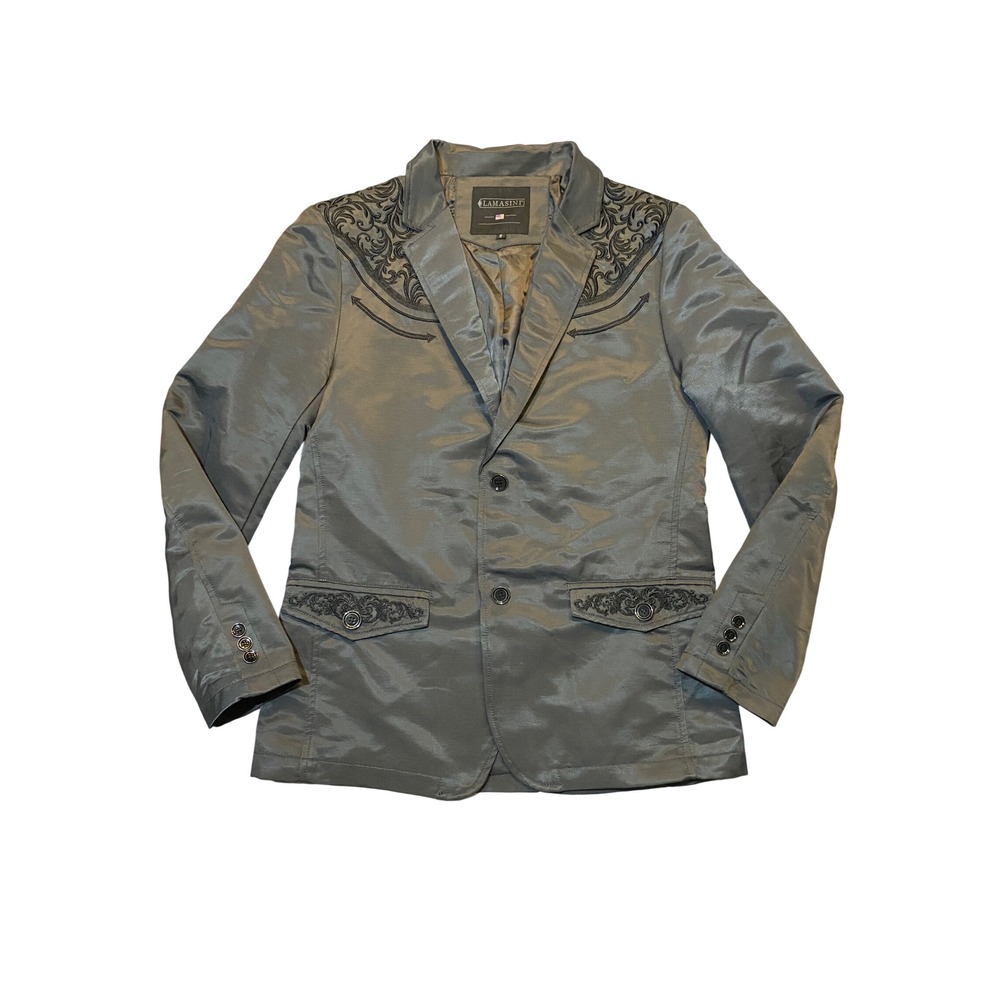 Lamasini Mens Western Blazer Metallic Grey Embroidered Yoke Sport‎ Coat Small